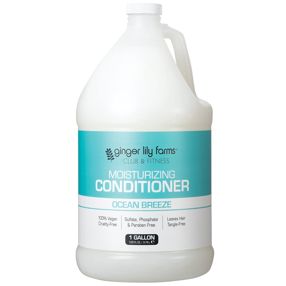 Ginger Lily Farms Club & Fitness Ocean Breeze conditioner bottle for weightless hydration.