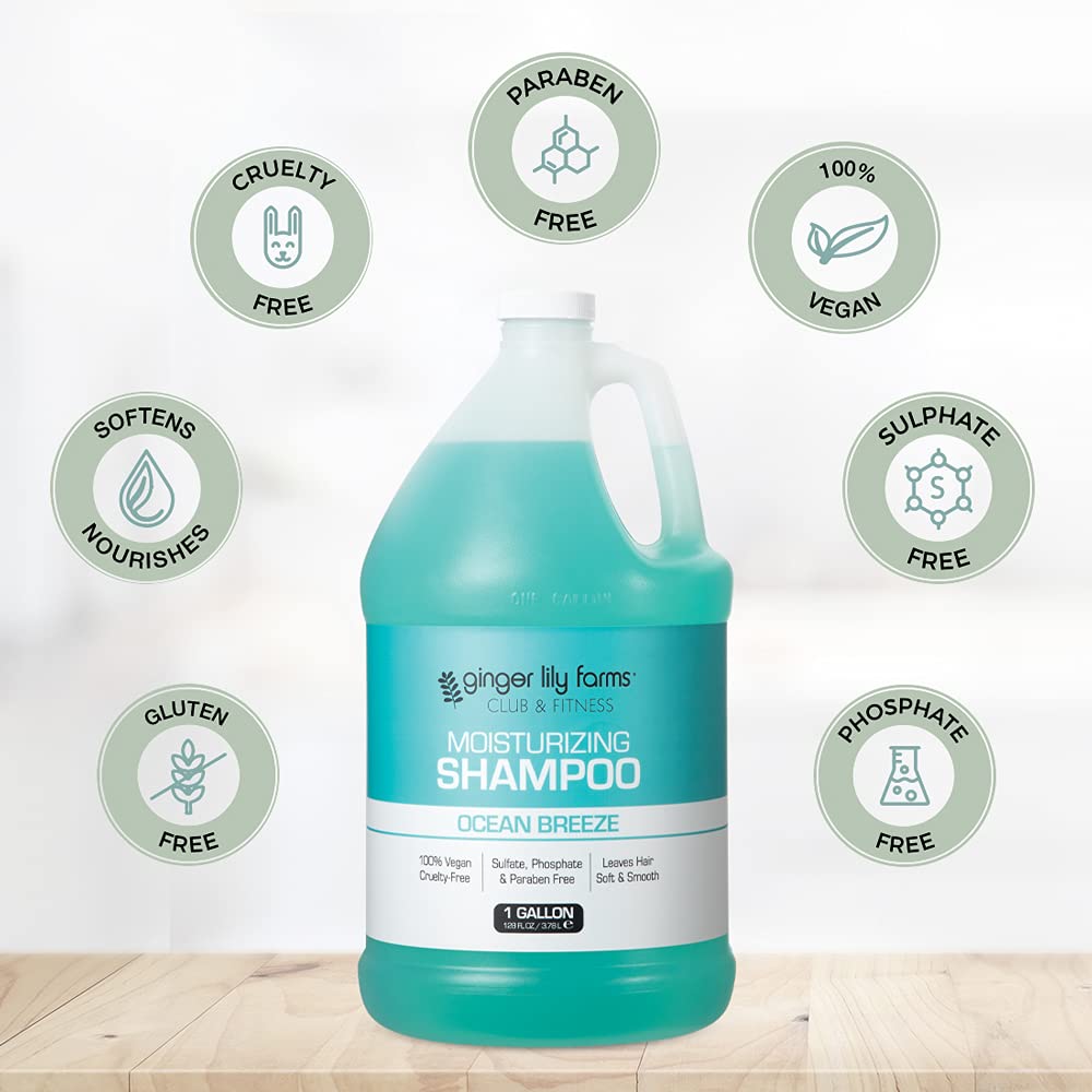 Back label of Ginger Lily Farms Ocean Breeze shampoo with vegan cruelty-free notes