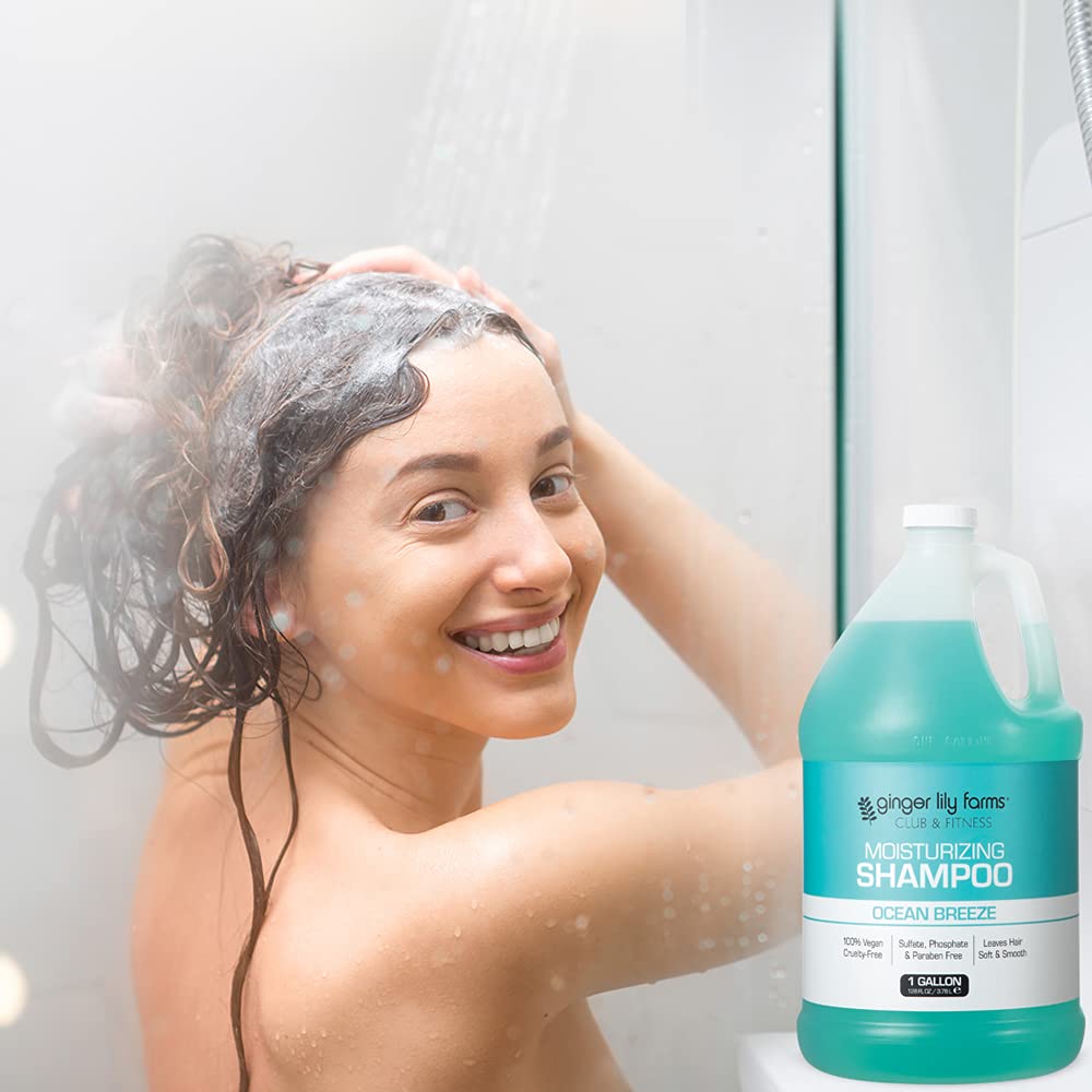 Ginger Lily Farms Ocean Breeze shampoo on spa counter with fresh scent