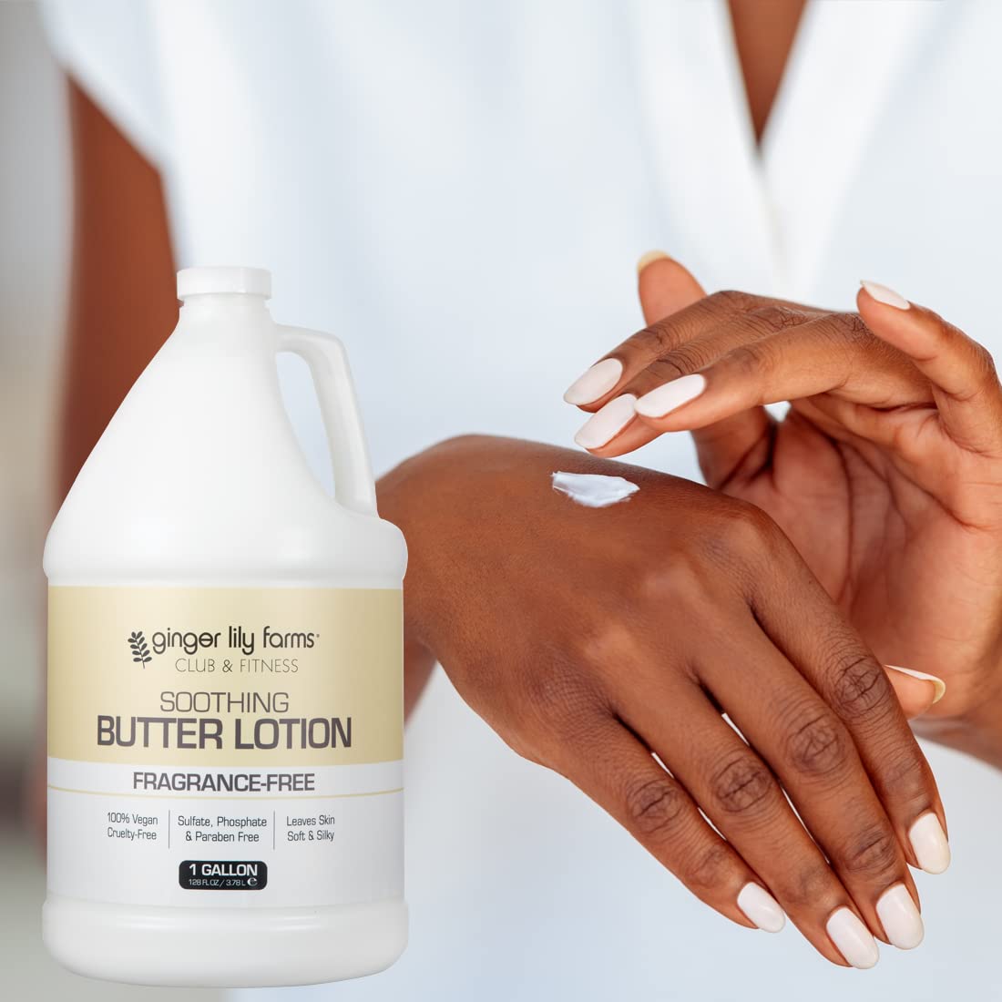 Ginger Lily Farms calming lotion on display for spa-like hydration.