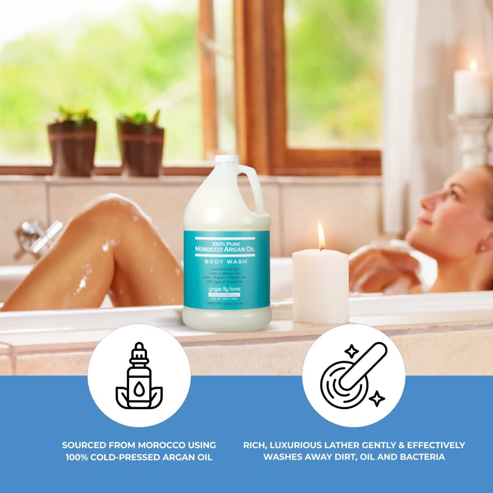 Ginger Lily Farms Argan Oil Body Wash dispense demonstrates eco-friendly gallon refill practicality