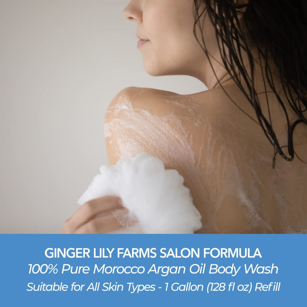Ginger Lily Farms Argan Oil Body Wash ingredients emphasize Moroccan argan oil and vitamins