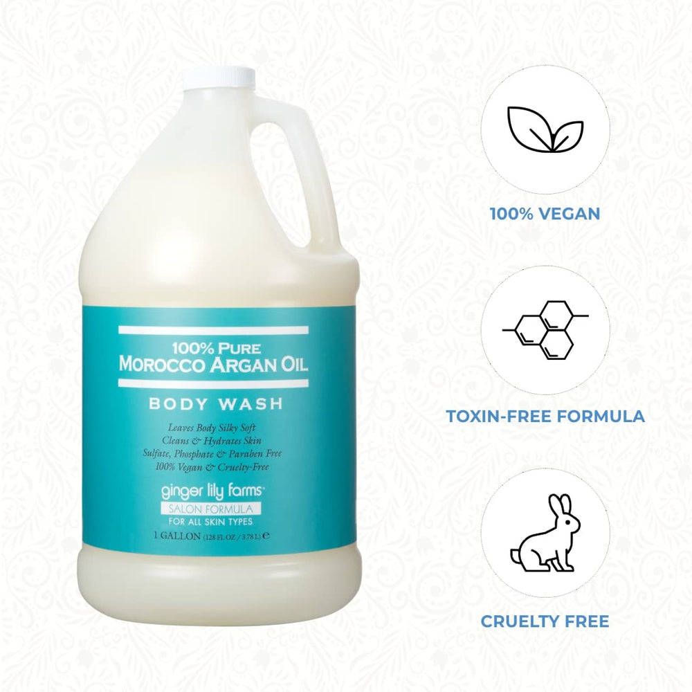 Ginger Lily Farms Argan Oil Body Wash label highlights toxin-free, vegan and cruelty-free claims