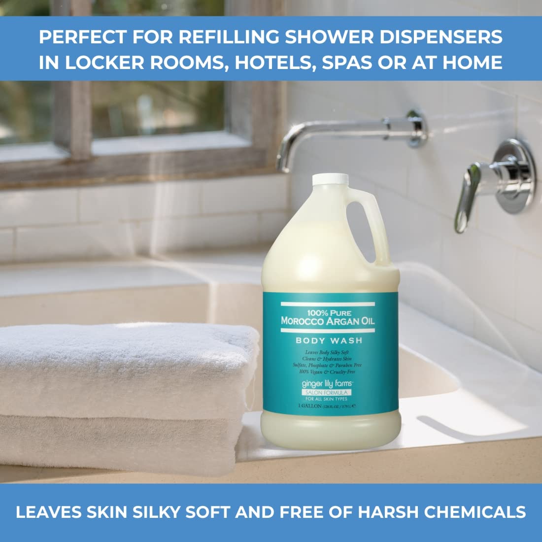 Ginger Lily Farms Argan Oil Body Wash packaging suggests durable, locker-room ready bulk option