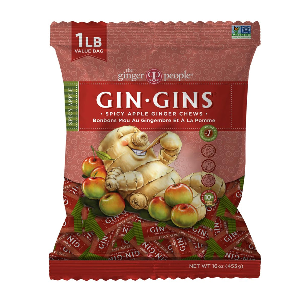 The Ginger People GIN GINS bag shows bold spicy apple ginger chews for on-the-go snacking.