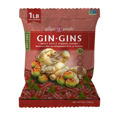 The Ginger People GIN GINS bag shows bold spicy apple ginger chews for on-the-go snacking.