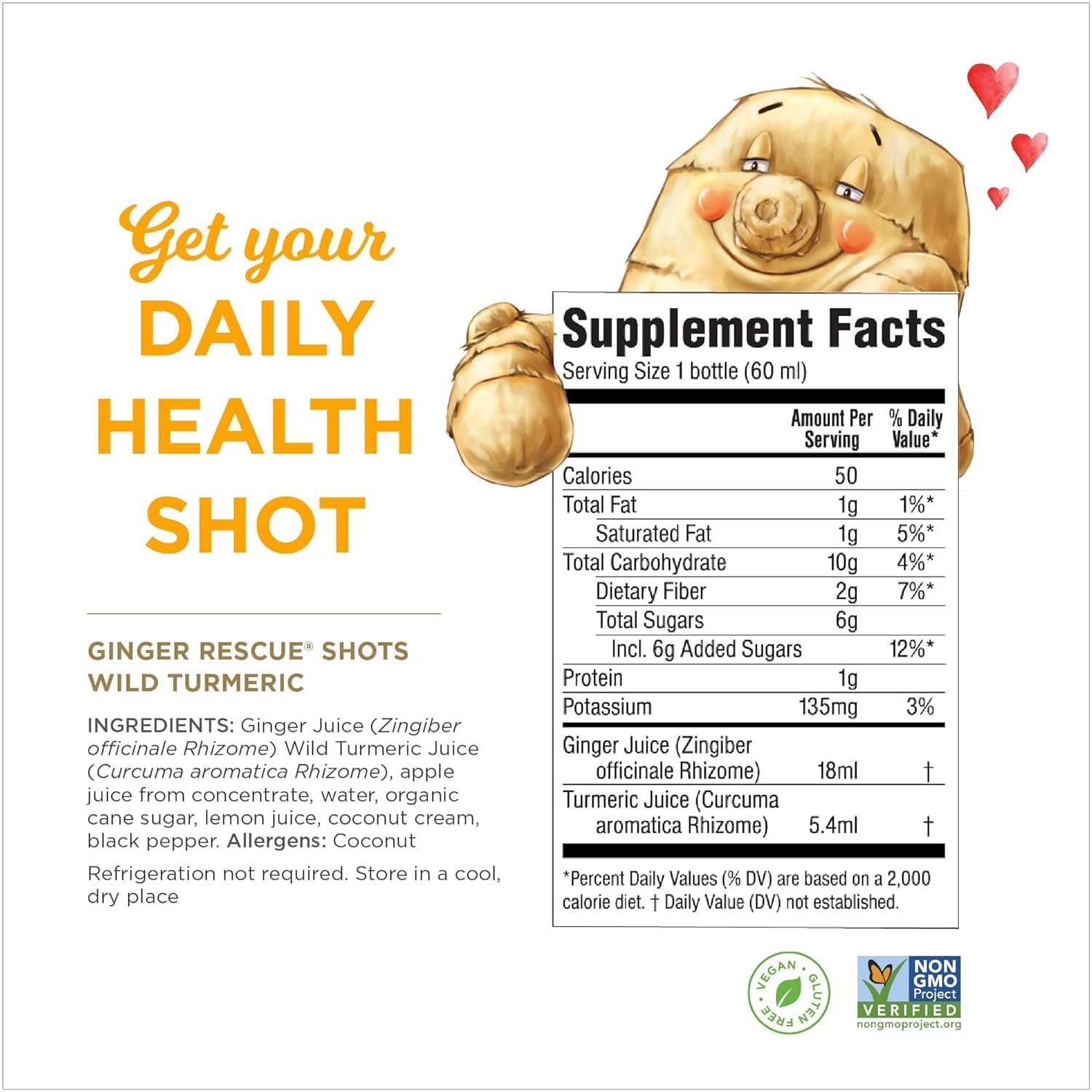 Ginger Rescue Turmeric Shot label close-up emphasizing natural ingredients and caffeine-free energy.