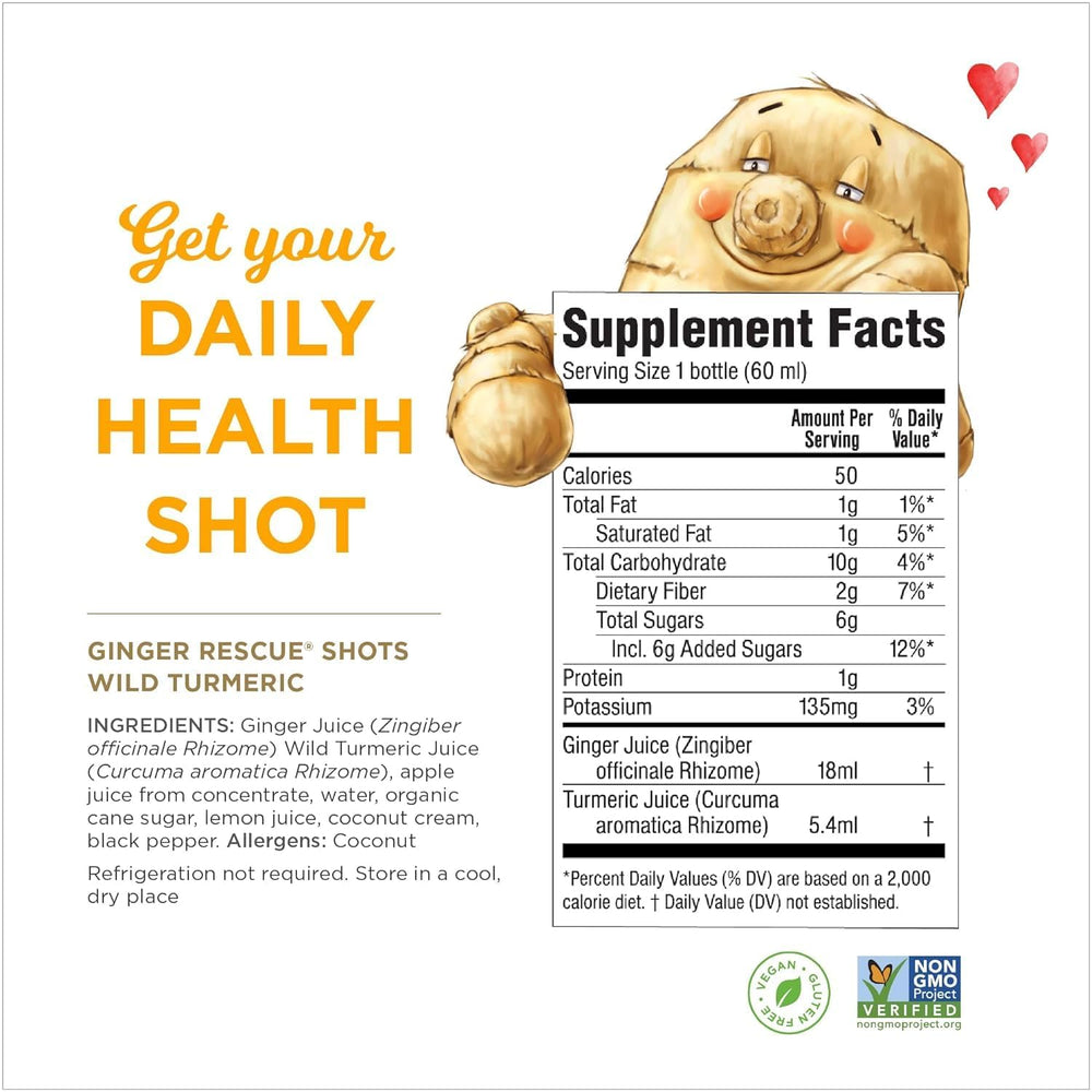 Ginger Rescue Turmeric Shot label close-up emphasizing natural ingredients and caffeine-free energy.