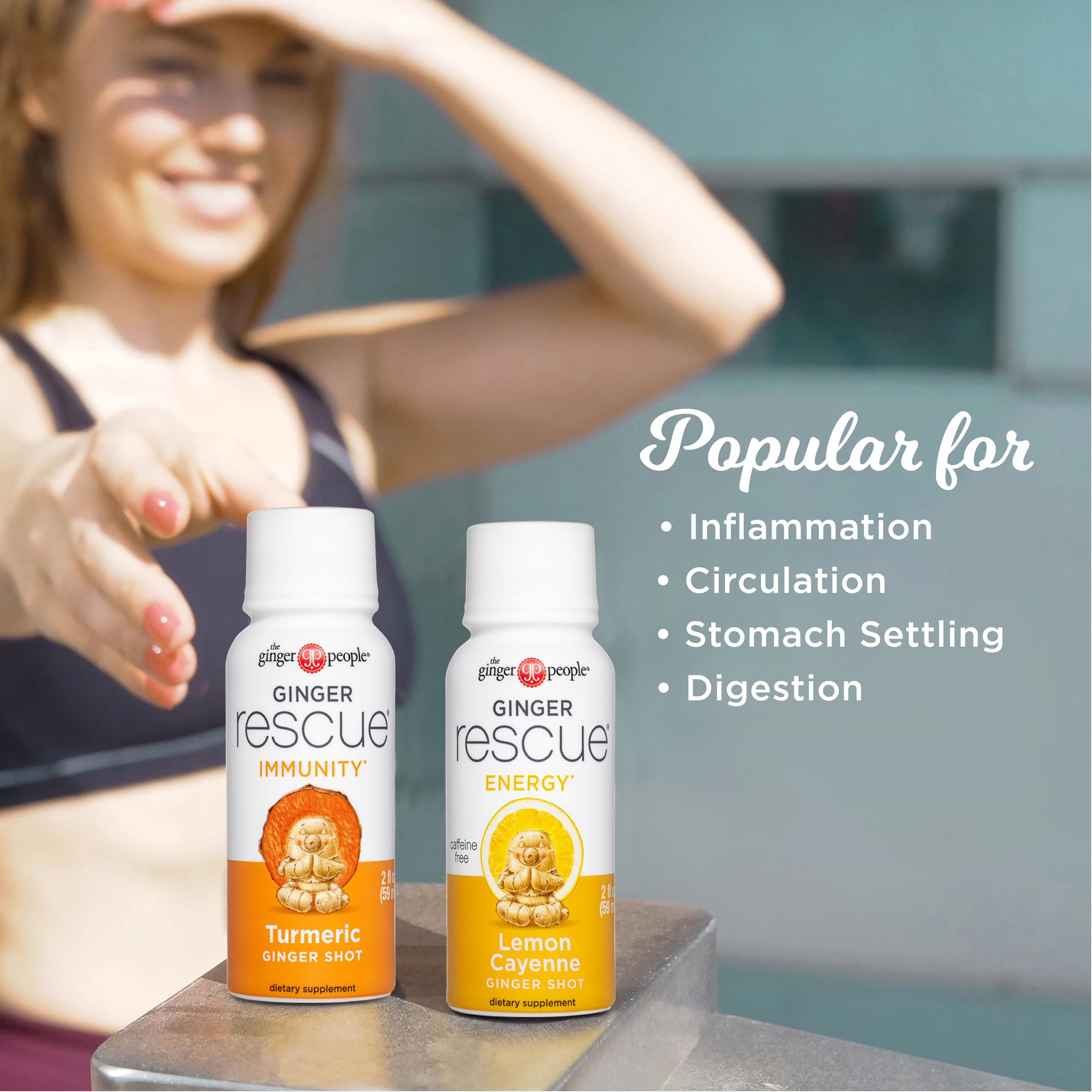 Shot ingredients spread highlights turmeric, lemon, and coconut notes.