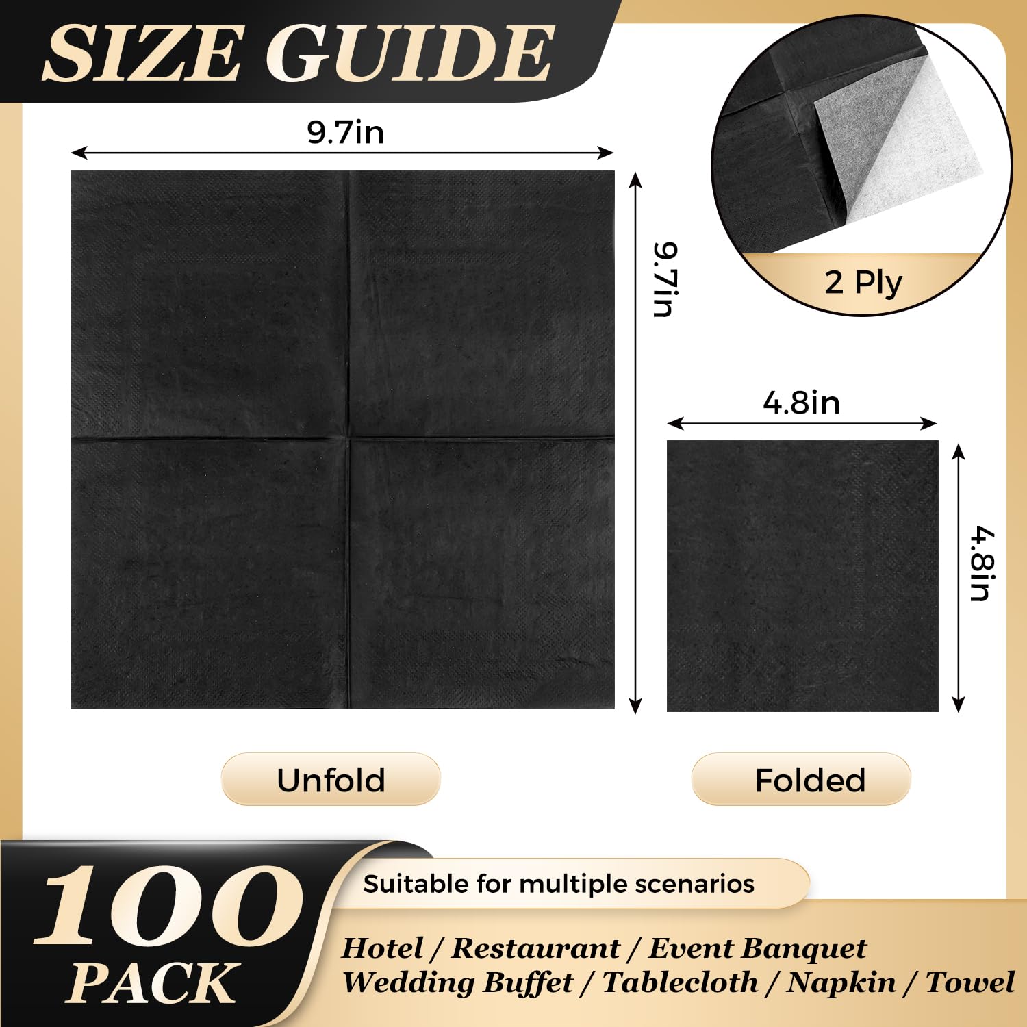Ginkgo 2-ply black cocktail napkins unfolded, ideal for drinks and desserts.