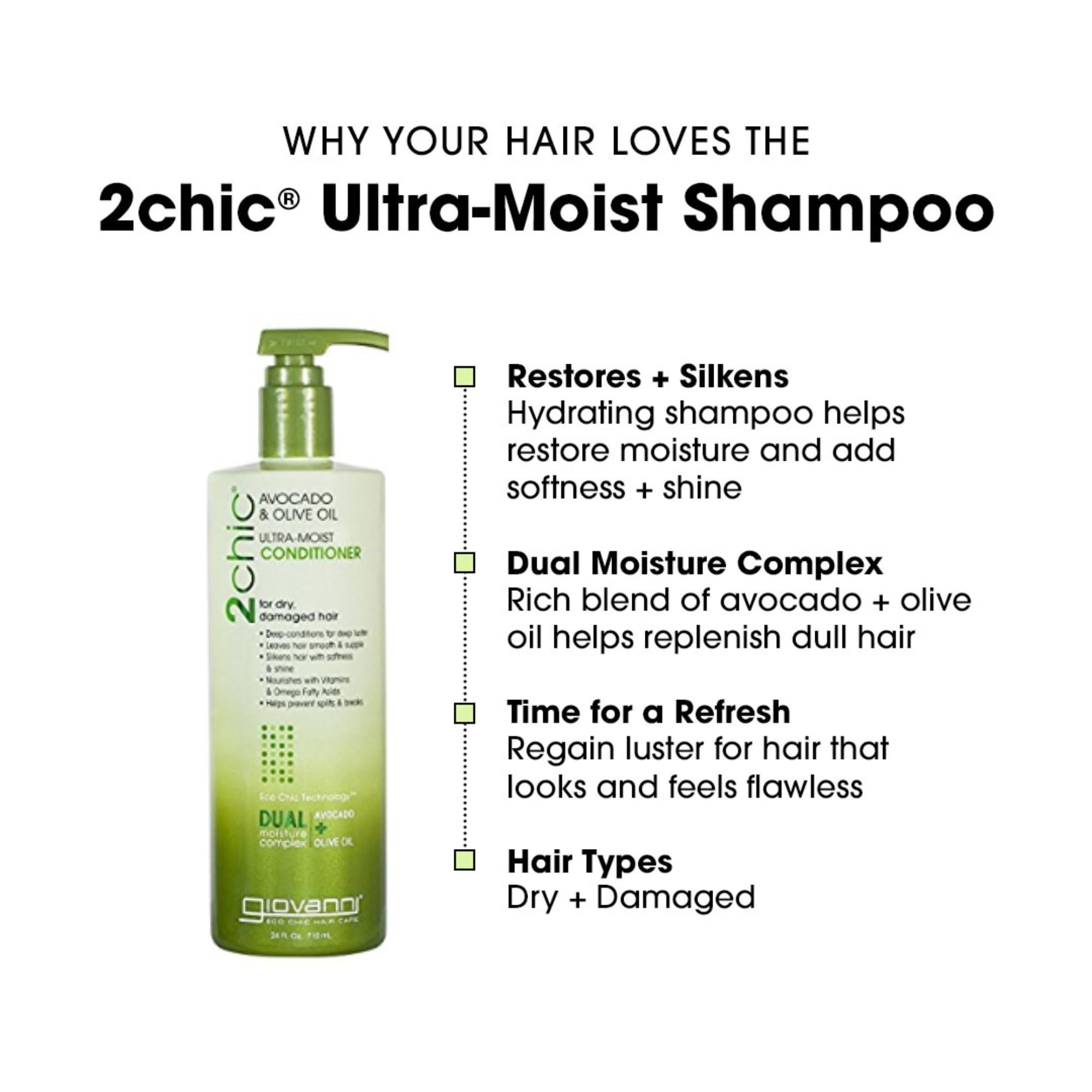 Giovanni 2Chic Ultra-Moist conditioner smooths strands with noticeable shine.