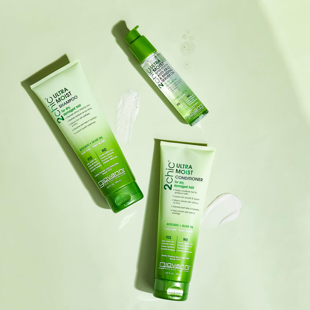 Giovanni avocado and olive oil ingredients drops evoke natural nourishment.