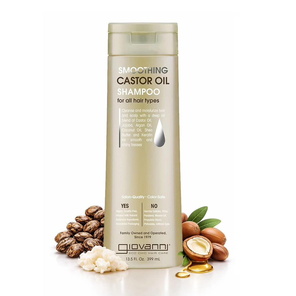 GIOVANNI Smoothing Castor Oil Shampoo bottle in focus, cruelty-free all hair types care
