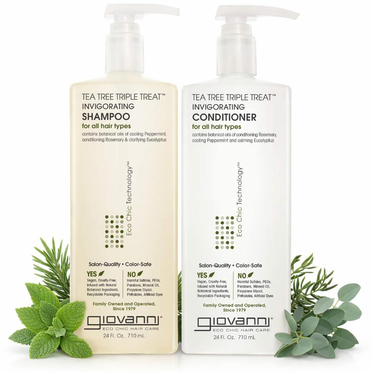 Giovanni Tea Tree Triple Treat shampoo bottle promotes refreshing scalp care