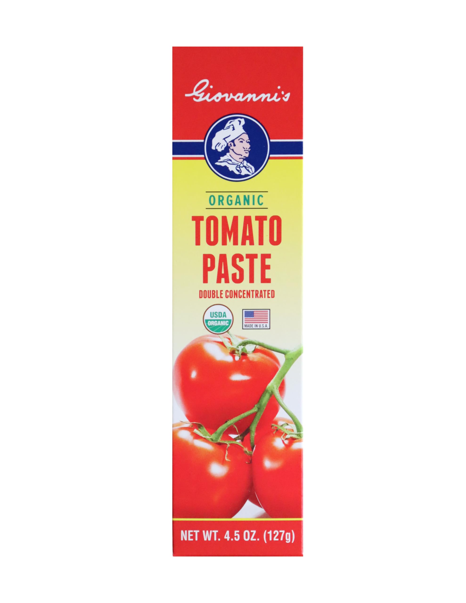 Giovanni's Organics non-GMO badge emphasizes clean ingredients.