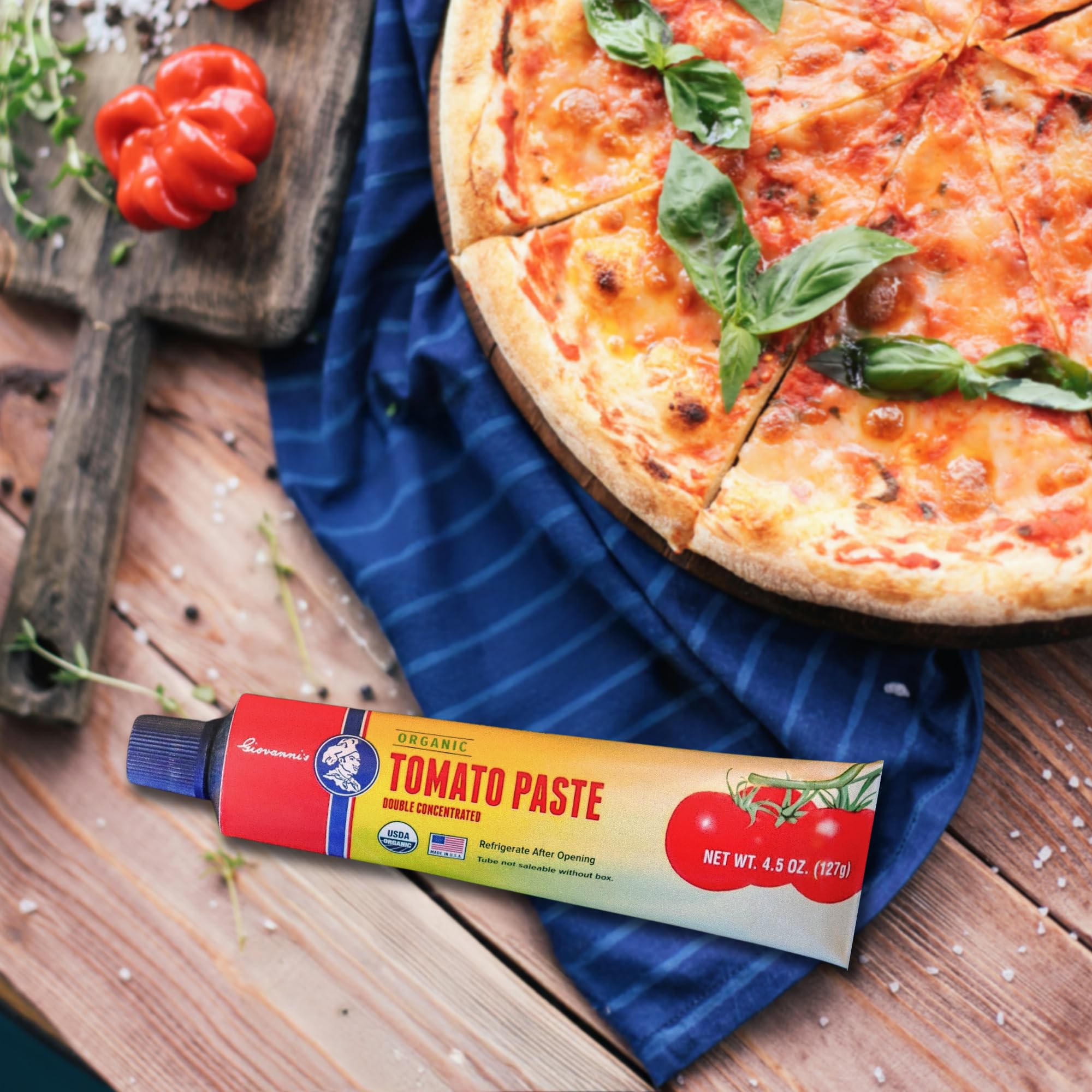Giovanni's Organics tomato paste in a dish adds tomato-rich depth.