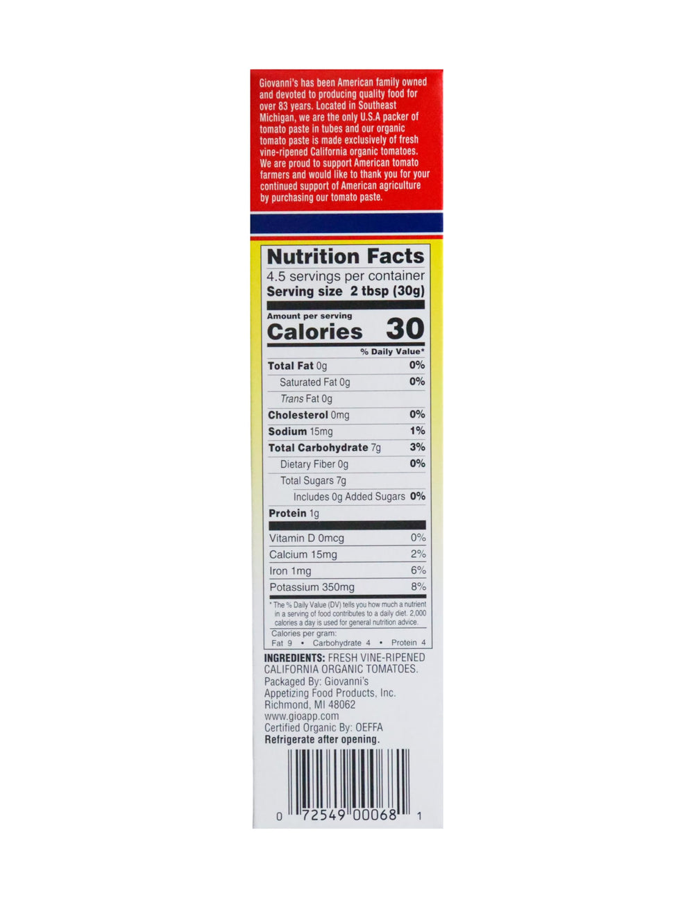 Giovanni's Organics two-pack showcases convenient tubes for quick meals.