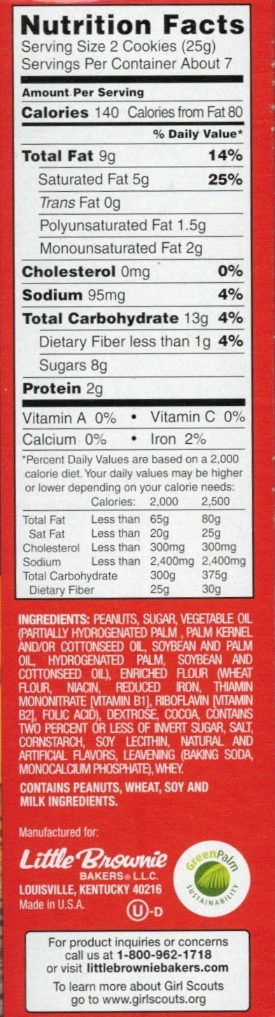 Girl Scout Cookies Peanut Butter Patties packaging closeup highlights chocolate and peanut butter.