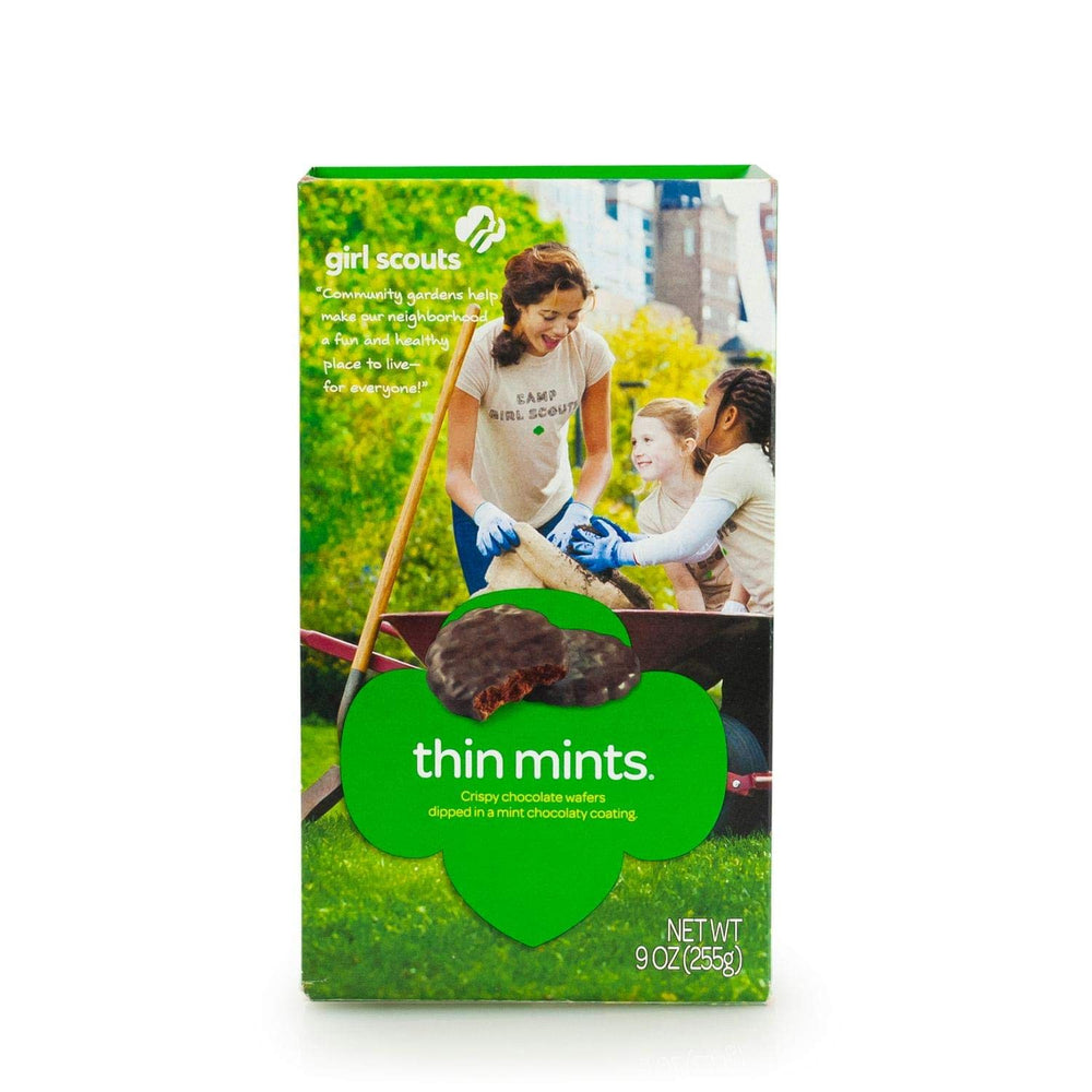 Girl Scouts Thin Mints box open showing neat rows of cookies ready to enjoy.