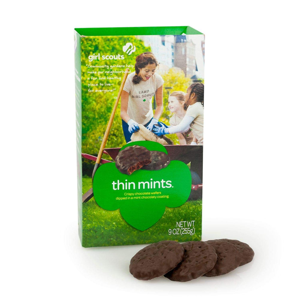 Girl Scouts Thin Mints close-up mint coating for a crisp, refreshing bite.