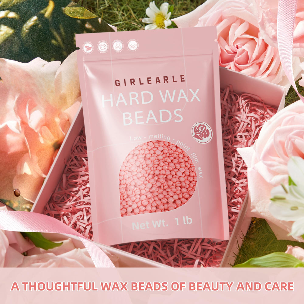 1lb bag of GIRLEARLE wax beads in pink packaging.