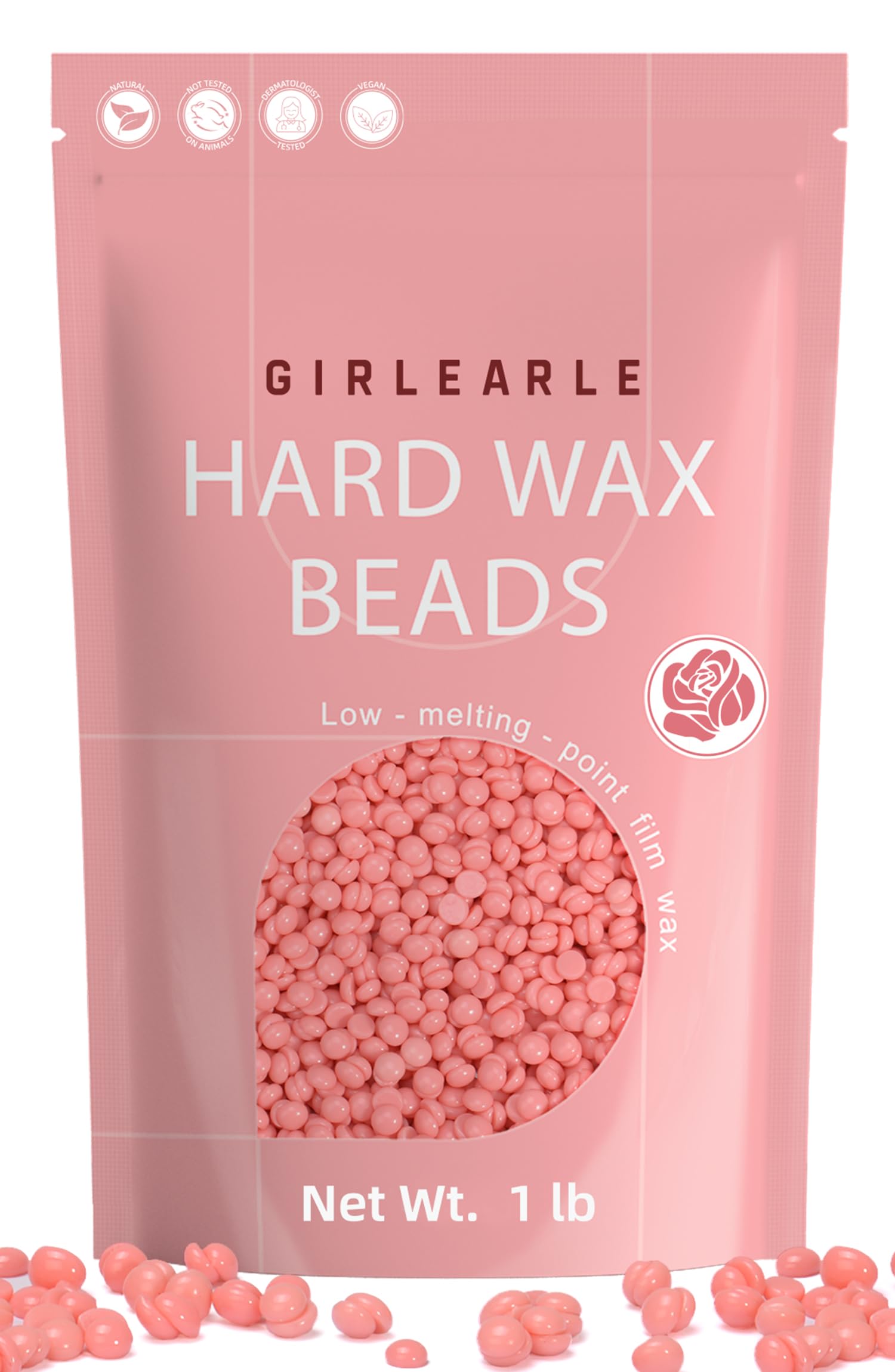 GIRLEARLE hard wax beads with rose oil packaging ideal for at-home waxing.