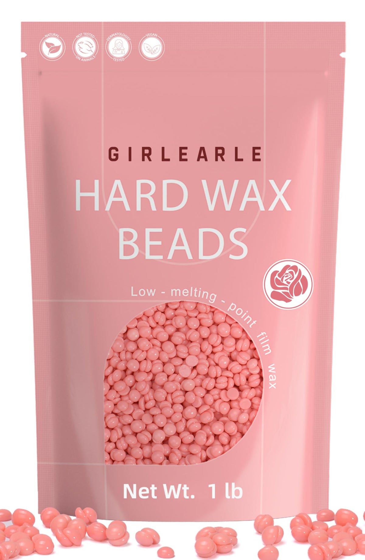 GIRLEARLE hard wax beads with rose oil packaging ideal for at-home waxing.