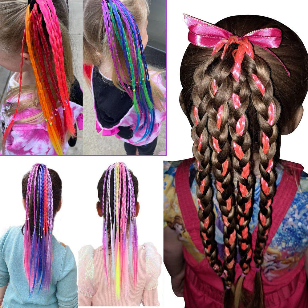 Girls rainbow braid extension collection enhances playful, confident looks.