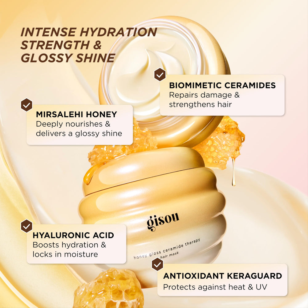 Gisou Honey Gloss Ceramide Therapy Mask Bee Garden Oil Blend emphasizes nourishment.