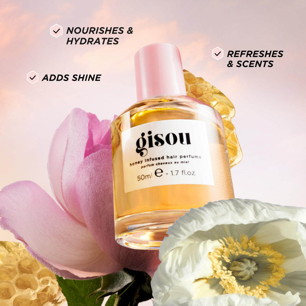 Display of Gisou signature scents Wildflower Honey, Wild Rose, Lavender Berry.