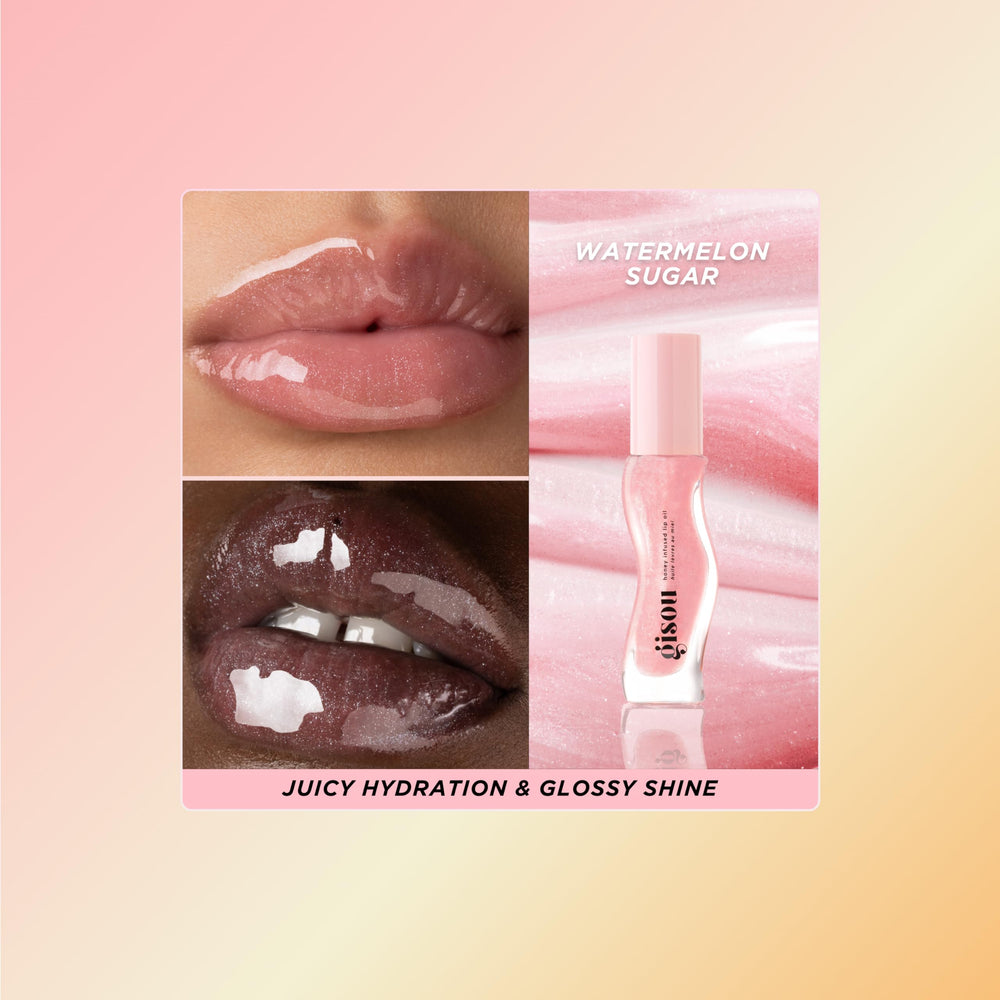 Lips with Gisou lip oil applied for a glossy hydration boost.