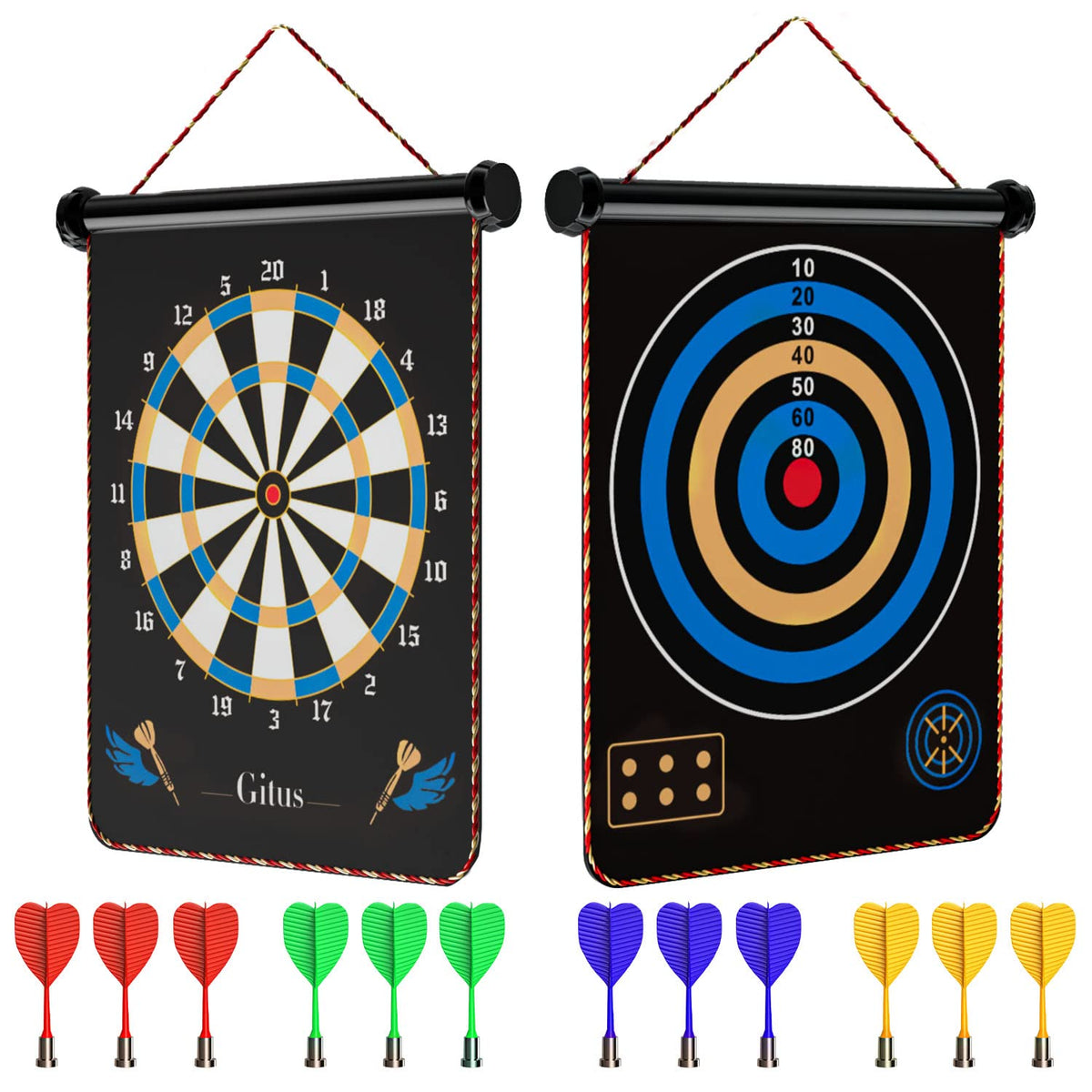 Gitus Magnetic Dart Board with colorful safe darts for wall-friendly play.