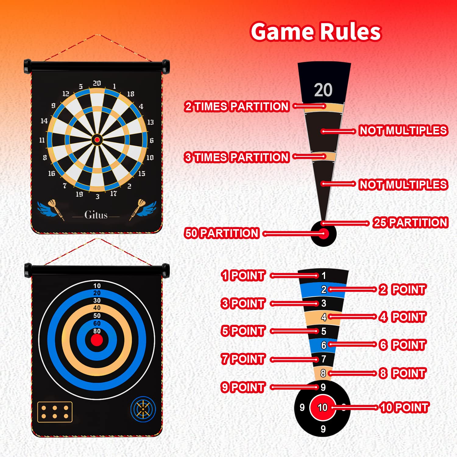 Gitus wall-mountable dart board ready for teen game room setup.