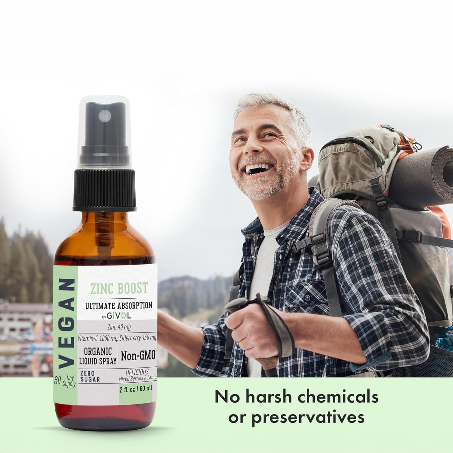 GIVOL Organic Zinc Boost Mist label close-up showing clean, plant-based formula.