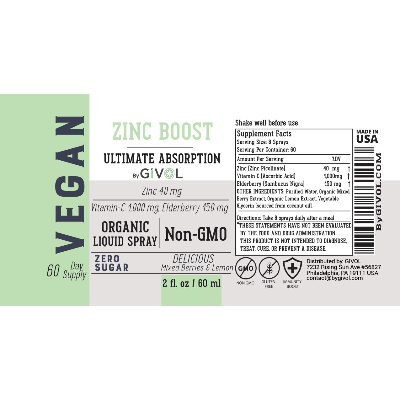 GIVOL Zinc Boost Mist exterior packaging highlighting USA origin and brand story.