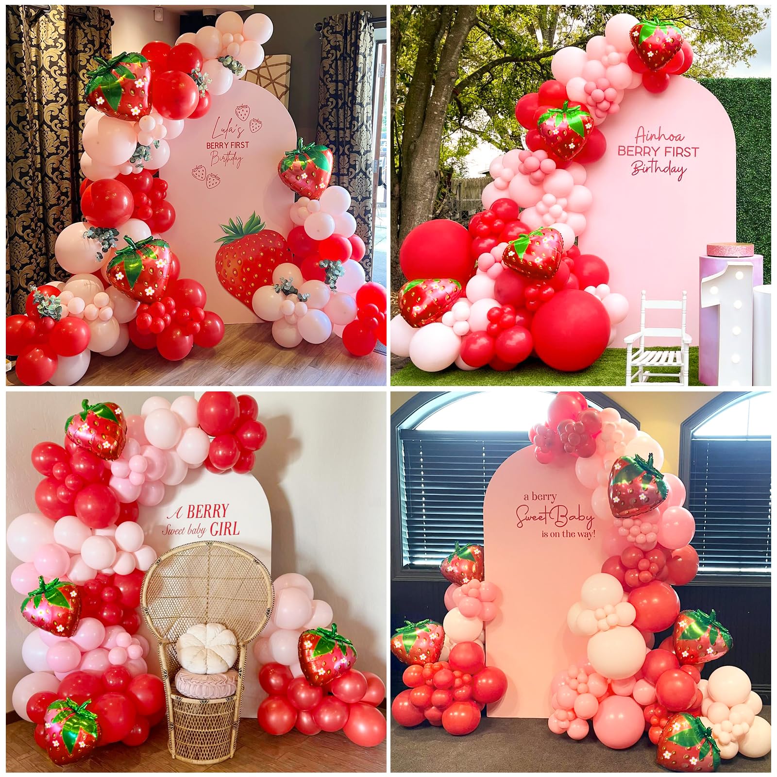 GIZIUXNE party arch display idea showing a festive strawberry backdrop.