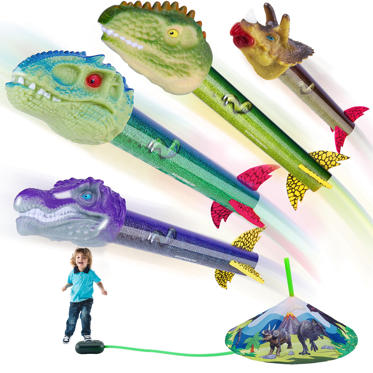 Gizzjoy dinosaur-rocket-launcher assembled for outdoor play with foam rockets.