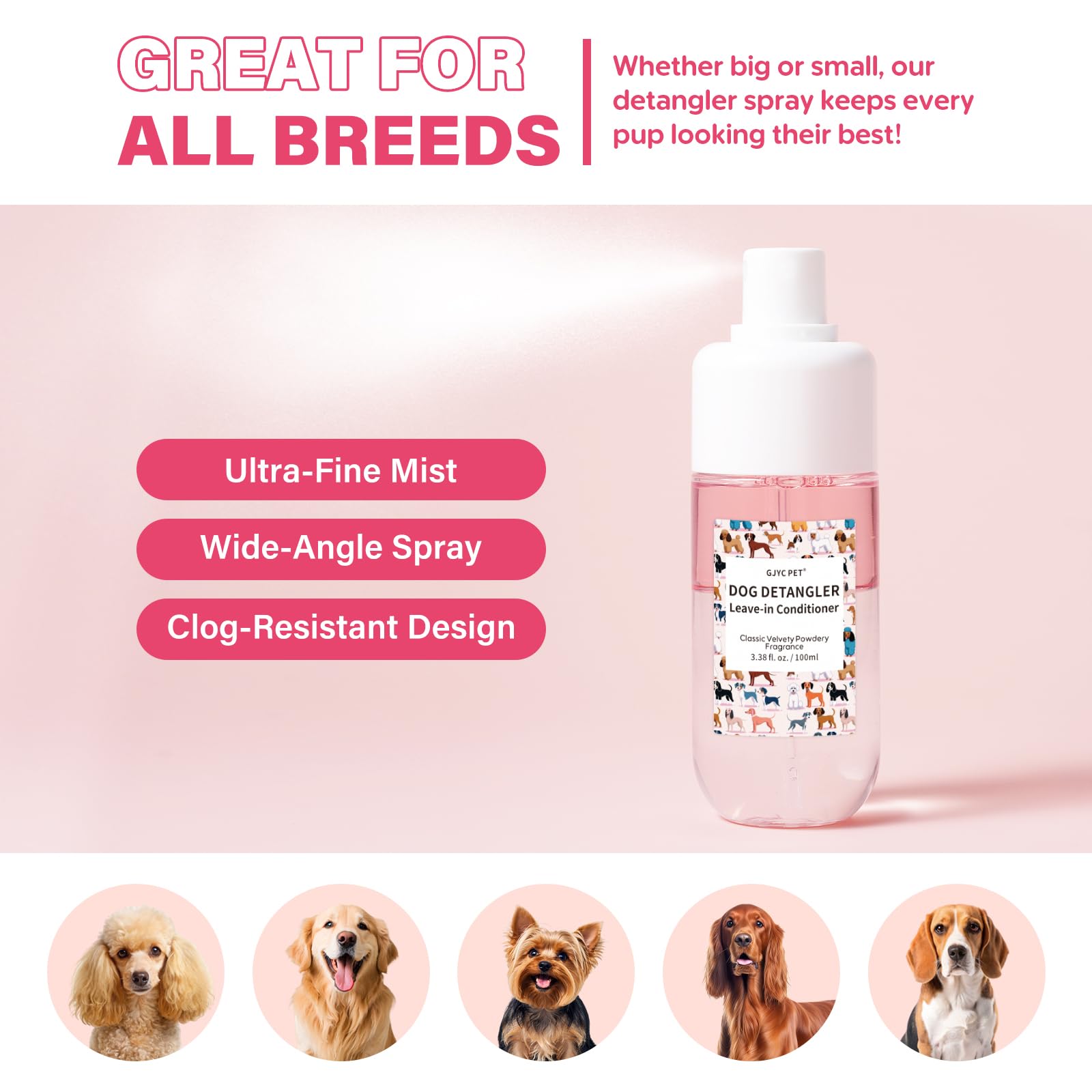 GJYC PET detangler brush-ready after a quick mist