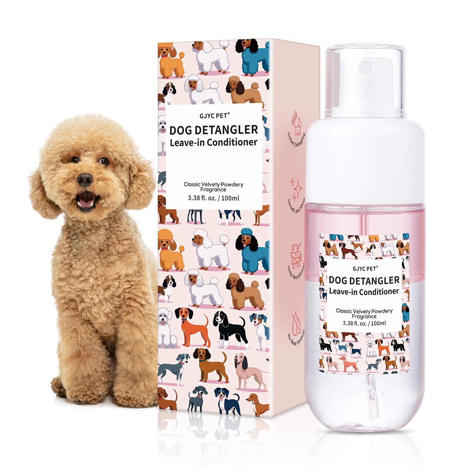 GJYC PET dog detangler bottle front view for quick, no-rinse brushing