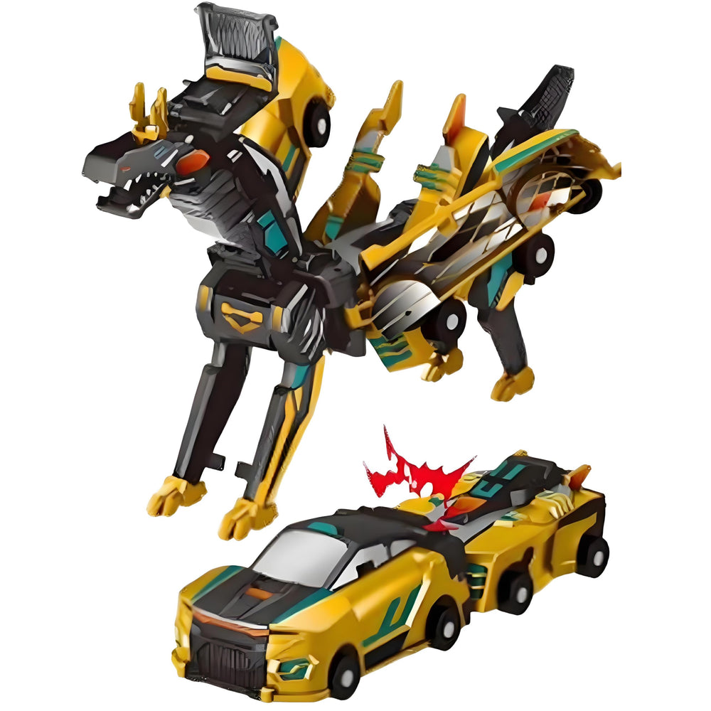 Gkiozu magnetic dinosaur car toy in crash-transform action for imaginative play.