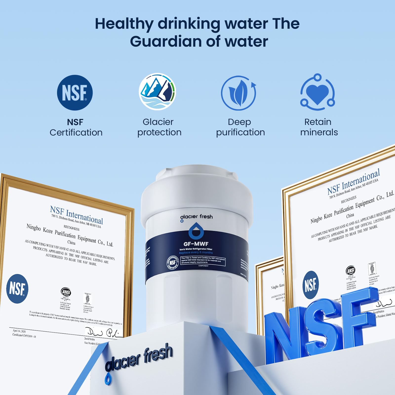 GLACIER FRESH NSF42 certification badge indicating standards-compliant filtration.