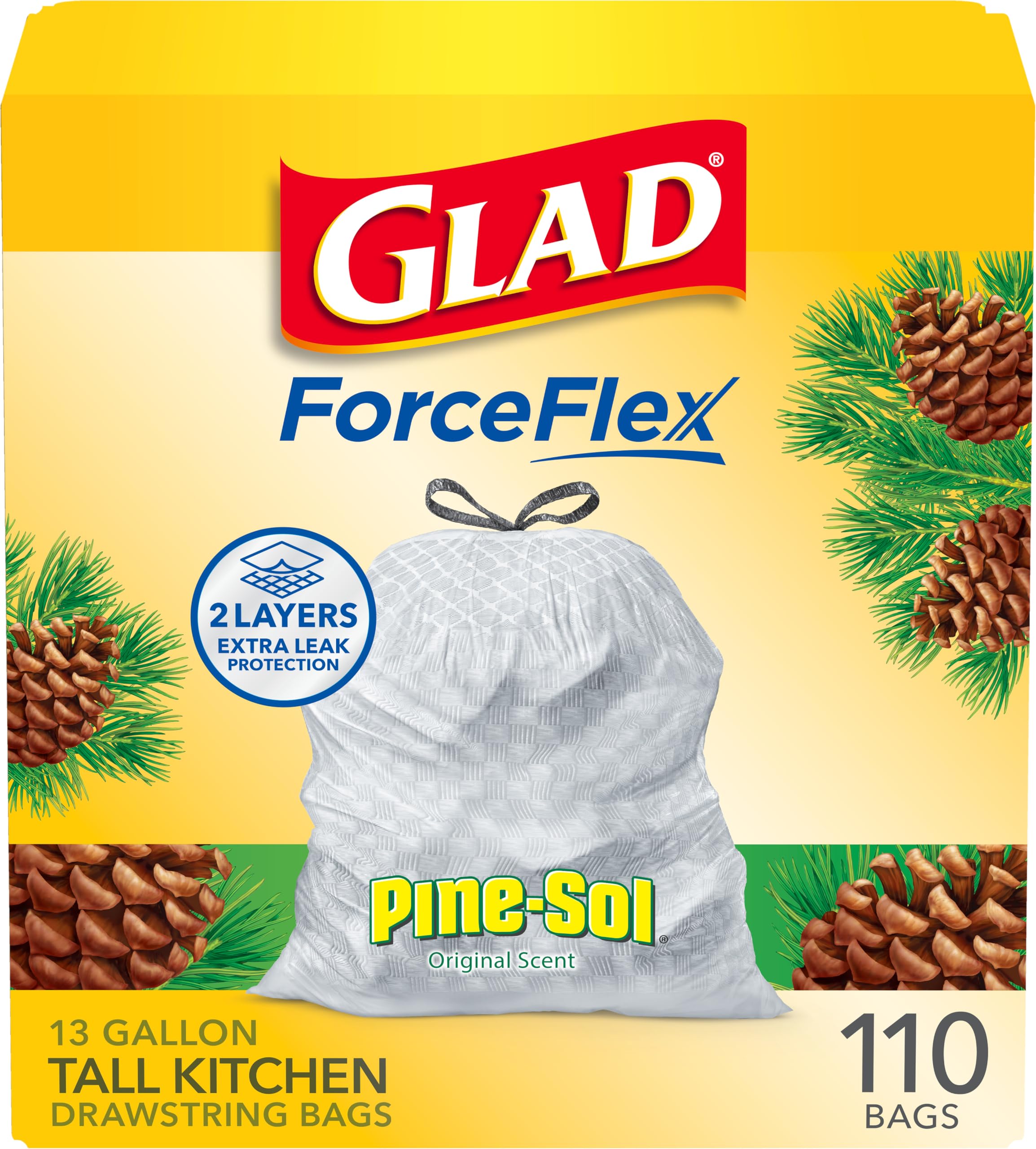 Glad ForceFlex 13-gallon bag demonstrates stretch strength for bulky waste.
