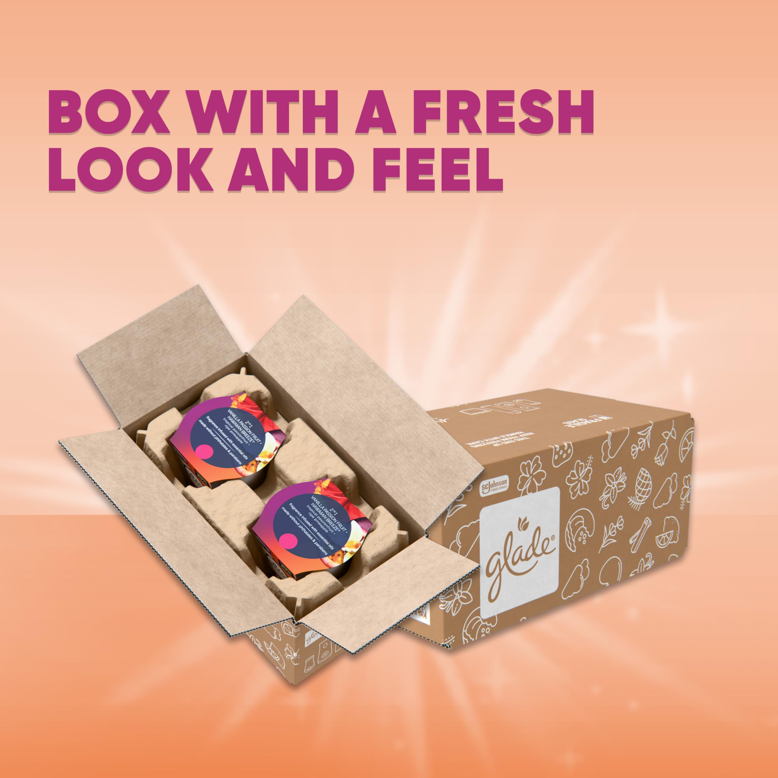 Glade 1-Wick 2in1 candle features Vanilla Passion Fruit aroma for cozy evenings.