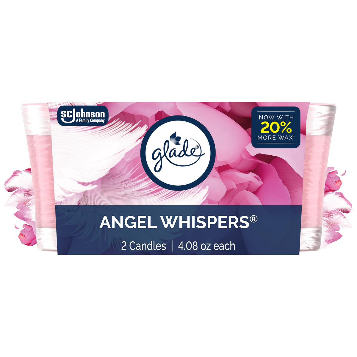 Glade Angel Whispers candle jar glowing softly for a cozy ambience