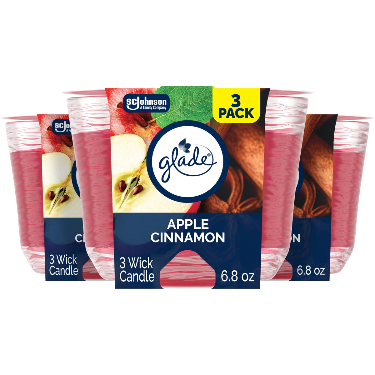 Glade Apple Cinnamon 3-Wick Candle Jar with essential oils for quick room fragrance.