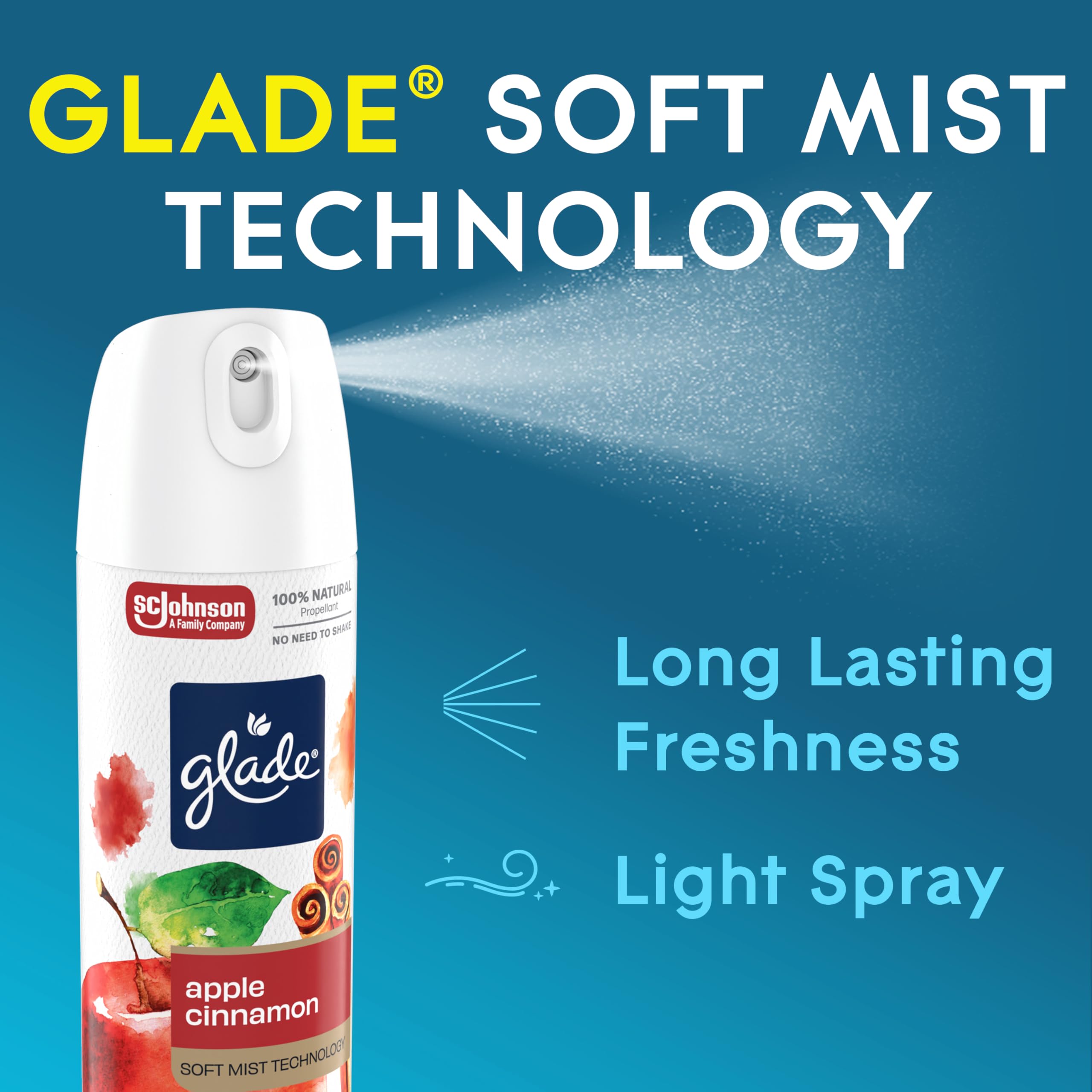 Glade Apple Cinnamon scent burst highlights apple, cinnamon and vanilla notes.