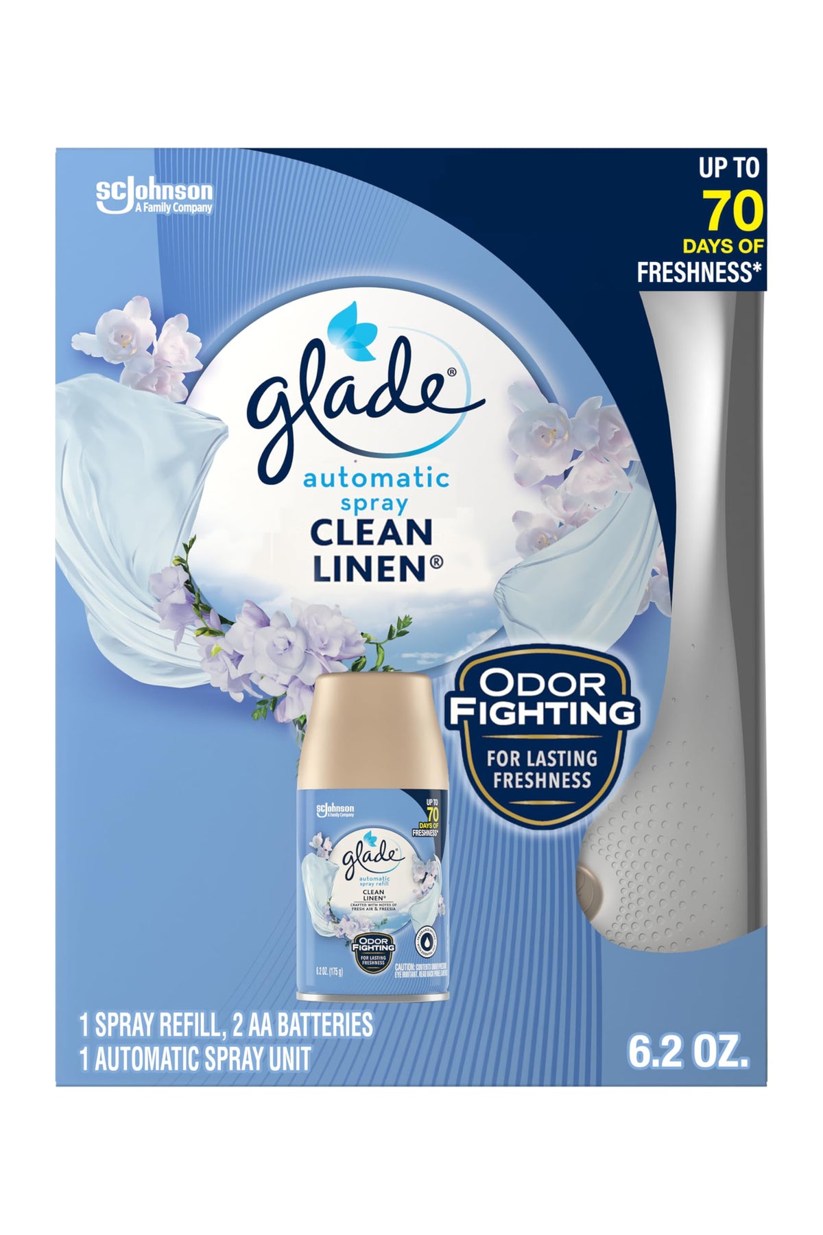 Glade automatic spray holder in Clean Linen enhances room freshness.
