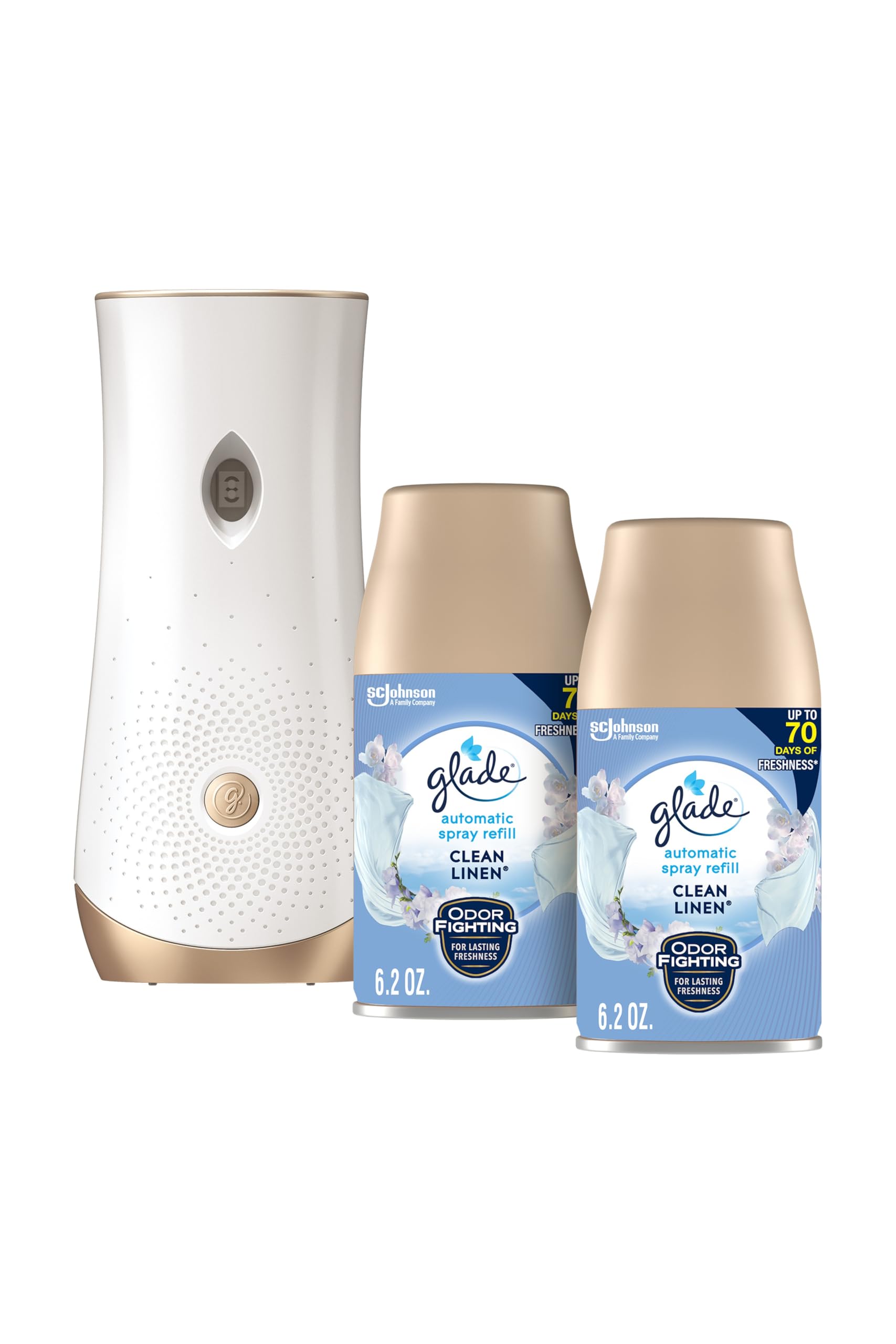 Glade automatic spray holder on shelf for steady fragrance release