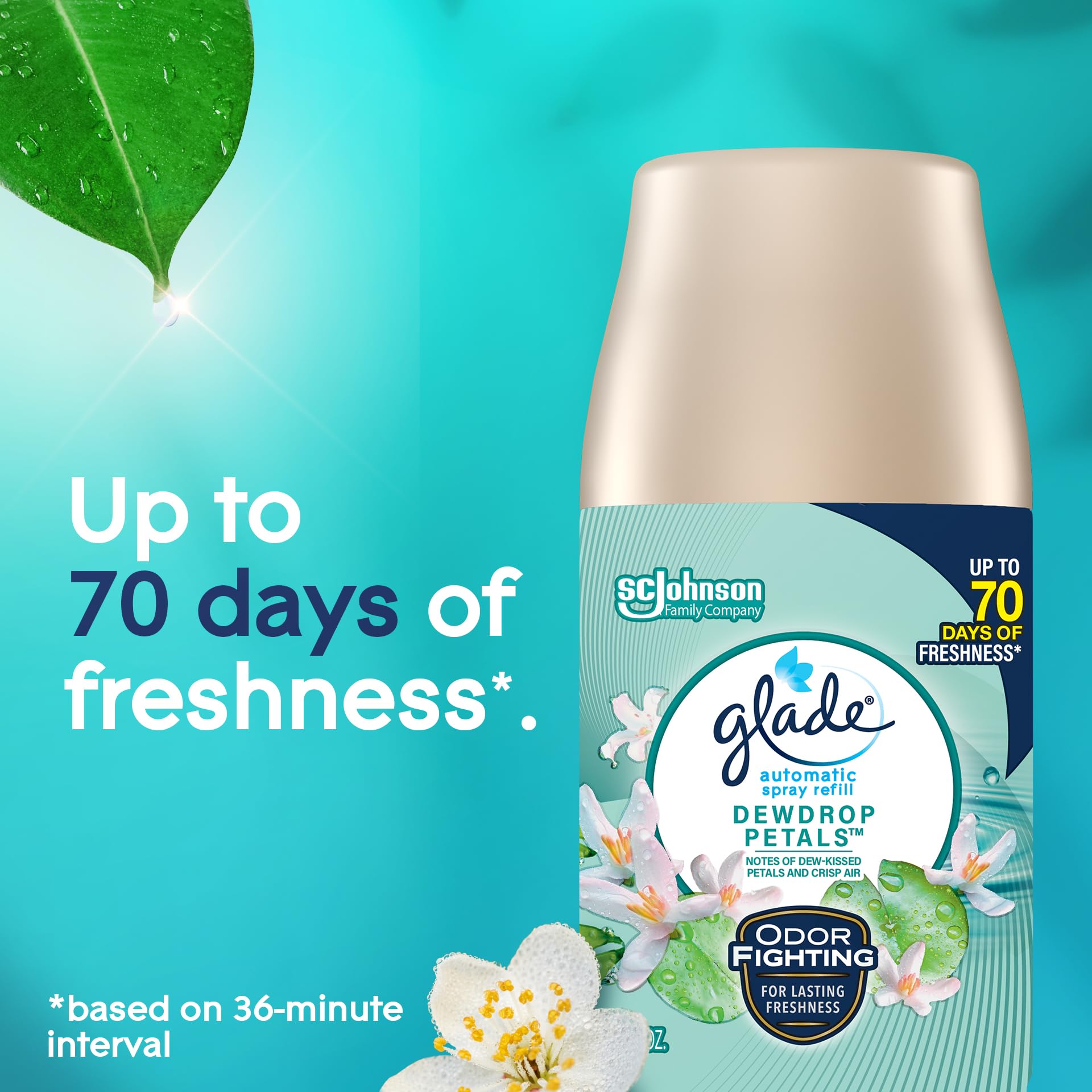 Glade Dewdrop Petals bottle close-up shows sleek design for easy replacement.