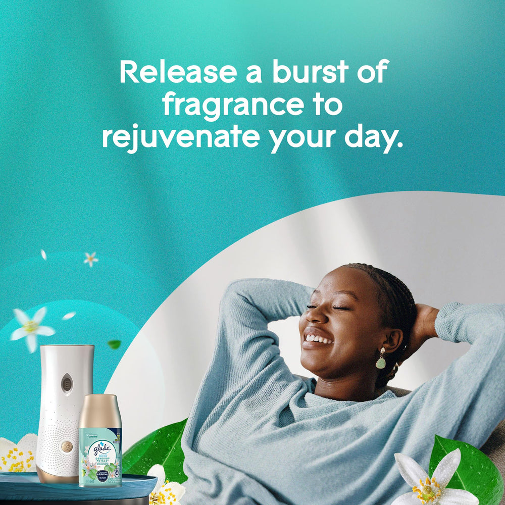 Glade Dewdrop Petals refill highlights phthalate-free formula for safer air.